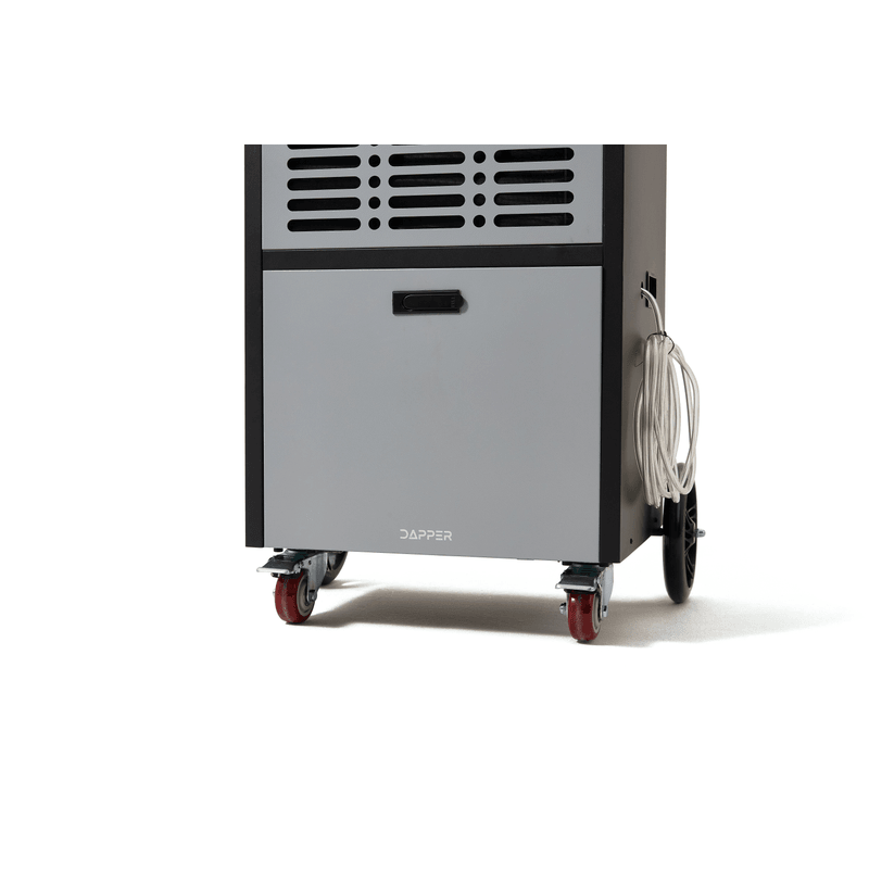 Dapper Supply 190-pint commercial dehumidifier lower front with casters and hose.