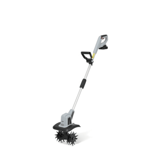 Dapper Supply 20V cordless tiller cultivator front angle view.