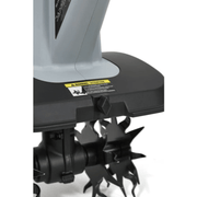 Dapper Supply 20V cordless tiller guard and tines closeup.
