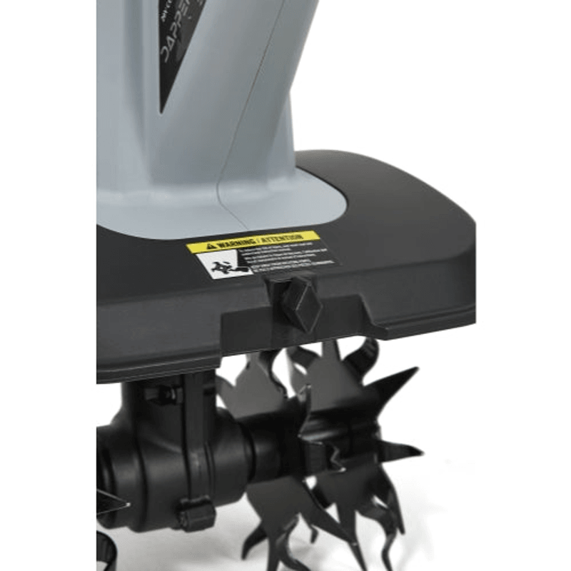 Dapper Supply 20V cordless tiller guard and tines closeup.