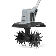 Dapper Supply 20V cordless tiller hardened steel tines closeup.