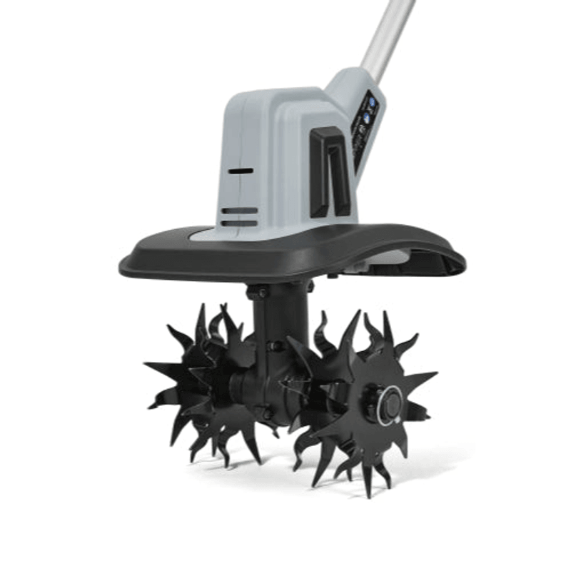 Dapper Supply 20V cordless tiller hardened steel tines closeup.
