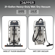 Dapper Supply 21-gallon wet/dry vacuum infographic showing the 2400W motor and 3.26 HP power.