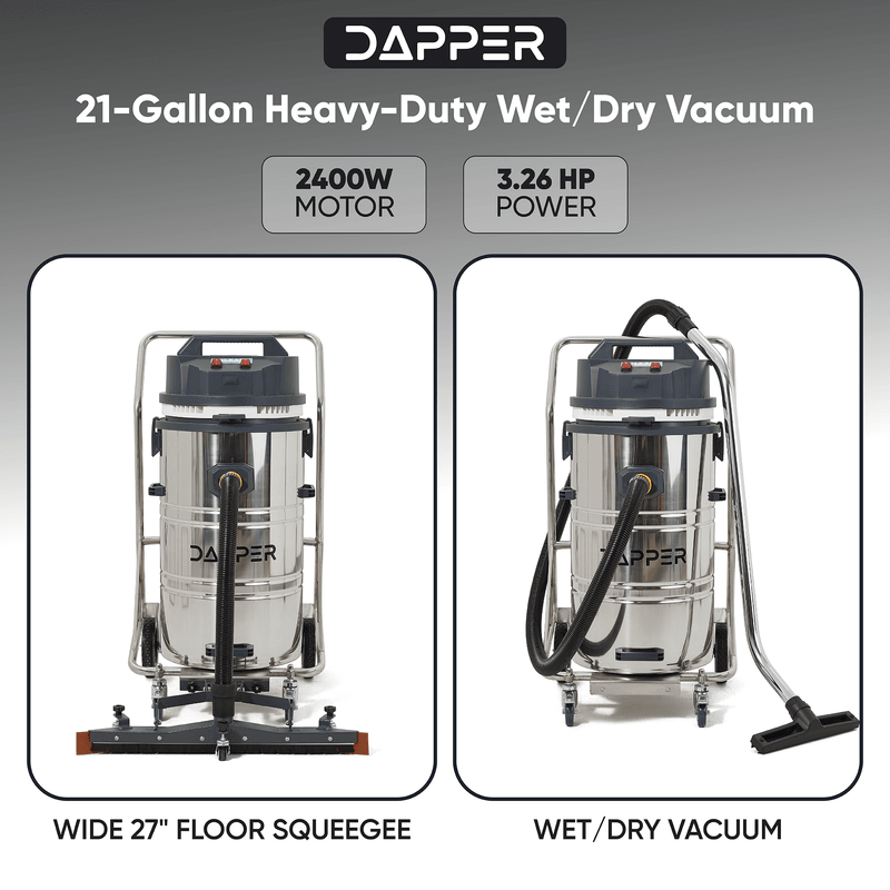 Dapper Supply 21-gallon wet/dry vacuum infographic showing the 2400W motor and 3.26 HP power.