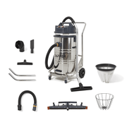 Dapper Supply 21-gallon wet/dry vacuum shown with full accessory kit and attachments.