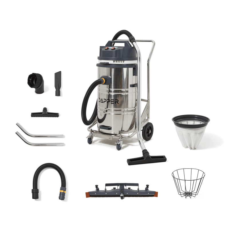 Dapper Supply 21-gallon wet/dry vacuum shown with full accessory kit and attachments.
