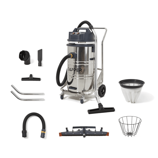 Dapper Supply 21-gallon wet/dry vacuum shown with full accessory kit and attachments.
