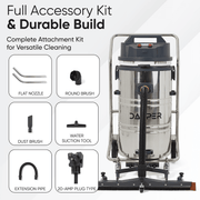 Dapper Supply 21-gallon wet/dry vacuum infographic showing the full attachment kit and 20-amp plug.