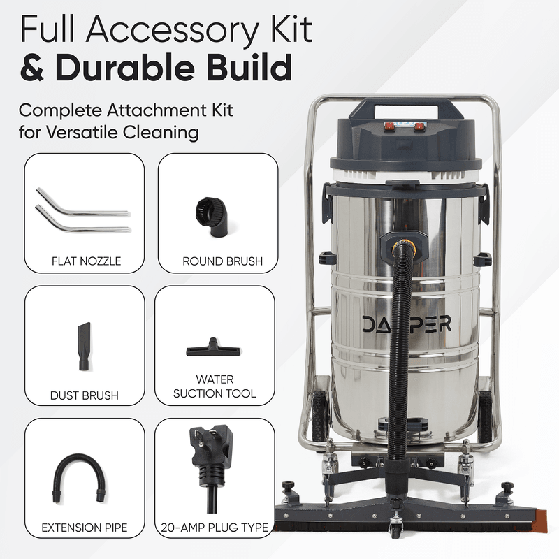 Dapper Supply 21-gallon wet/dry vacuum infographic showing the full attachment kit and 20-amp plug.