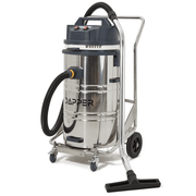 Dapper Supply 21-gallon wet/dry vacuum front view with cart and squeegee.