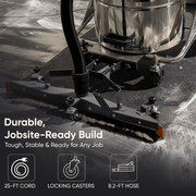 Dapper Supply 21-gallon wet/dry vacuum infographic showing the 25-foot cord, locking casters, and 8.2-foot hose.