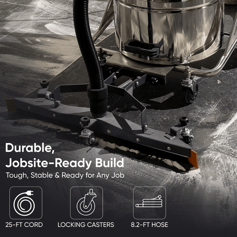 Dapper Supply 21-gallon wet/dry vacuum infographic showing the 25-foot cord, locking casters, and 8.2-foot hose.