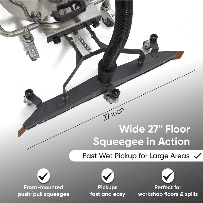 Dapper Supply 21-gallon wet/dry vacuum infographic showing the wide 27-inch floor squeegee.