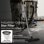 Dapper Supply 21-gallon wet/dry vacuum infographic showing the industrial-grade star filter with manual shake.