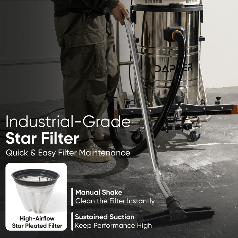 Dapper Supply 21-gallon wet/dry vacuum infographic showing the industrial-grade star filter with manual shake.