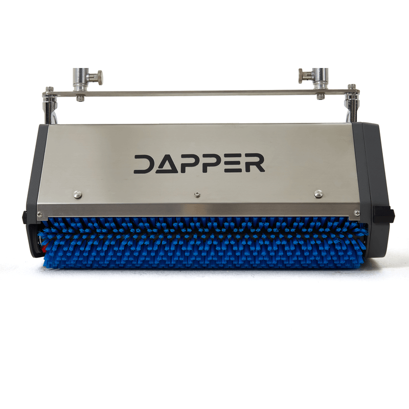 Dapper Supply 22-inch counter-rotating brush machine blue brush head closeup.