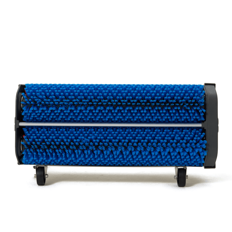 Dapper Supply 22-inch counter-rotating brush machine twin brushes from below.