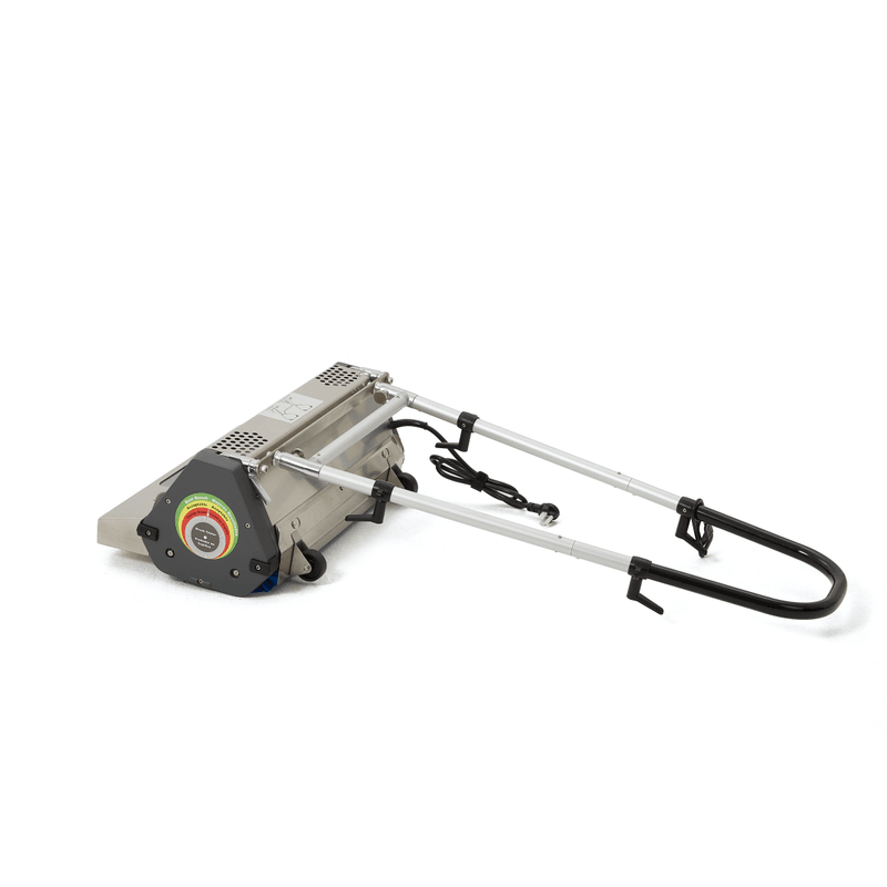 Dapper Supply 22-inch counter-rotating brush machine folded flat for transport.