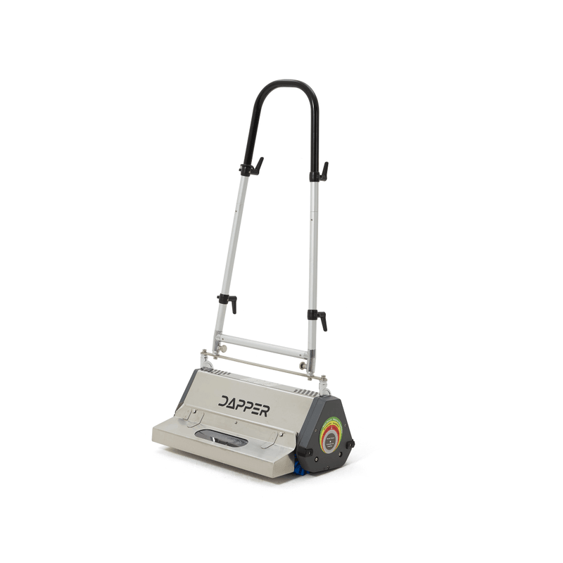 Dapper Supply 22-inch counter-rotating brush machine front angle with handle up.