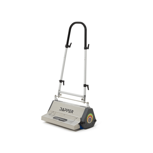 Dapper Supply 22-inch counter-rotating brush machine front angle with handle up.
