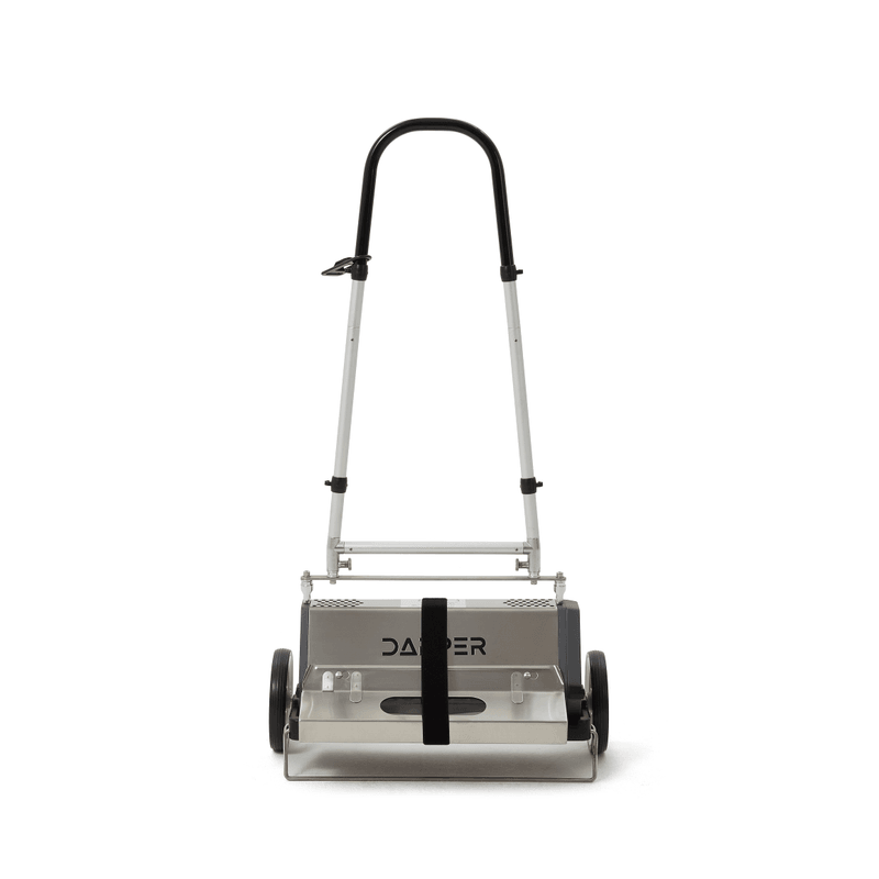 Dapper Supply 22-inch counter-rotating brush machine front view with transport strap.