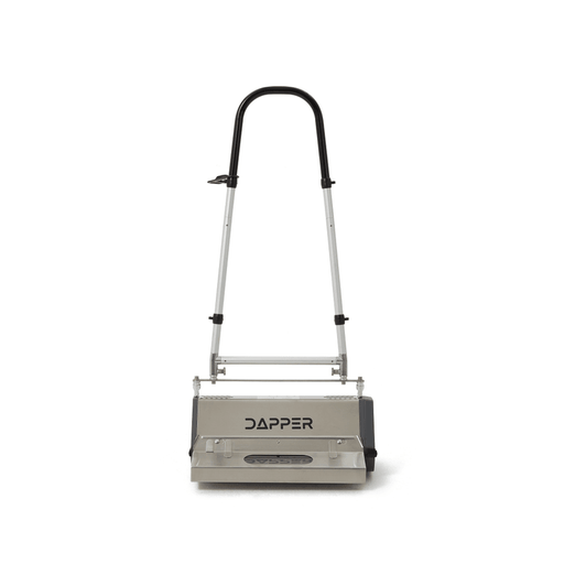 Dapper Supply 22-inch counter-rotating brush machine front view with handle raised.