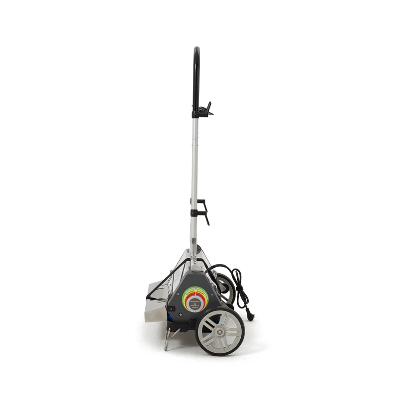 Dapper Supply 22-inch counter-rotating brush machine side profile with power cord.