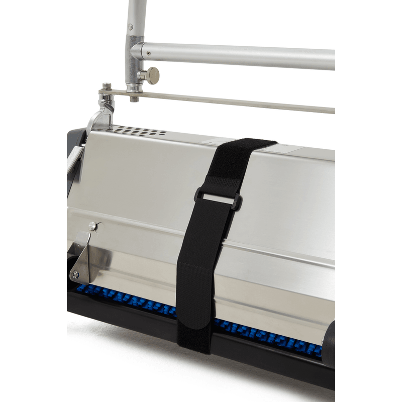 Dapper Supply 22-inch counter-rotating brush machine securing strap and brush detail.