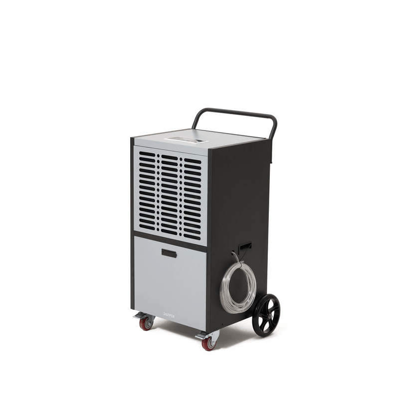 Dapper Supply 290-pint commercial dehumidifier angled view with coiled drain hose.
