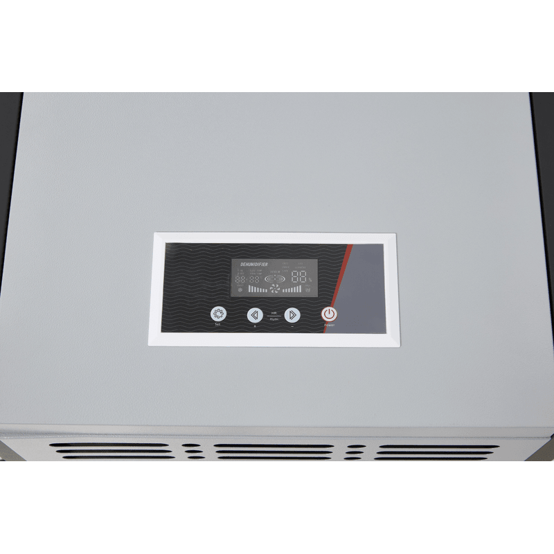 Dapper Supply 290-pint commercial dehumidifier digital control panel closeup.