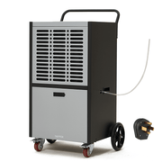 Dapper Supply 290-pint commercial dehumidifier front angle with power plug.