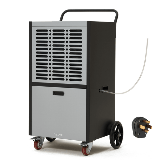 Dapper Supply 290-pint commercial dehumidifier front angle with power plug.