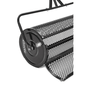 Dapper Supply 36-inch compost spreader steel mesh drum and end cap closeup.