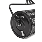 Dapper Supply 36-inch compost spreader side wheel disc and frame closeup.