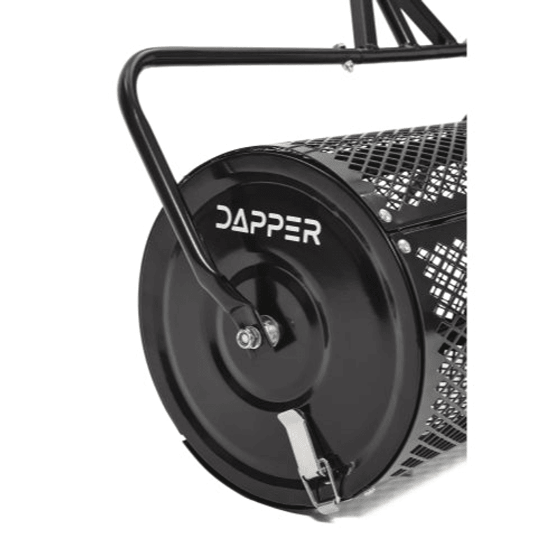 Dapper Supply 36-inch compost spreader side wheel disc and frame closeup.