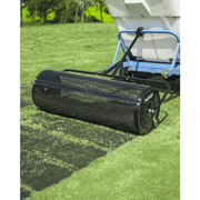 Dapper Supply 36-inch compost spreader towed behind a spreader, side view.