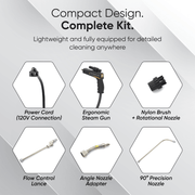 Dapper Supply 5-in-1 steam cleaner infographic showing the complete nozzle and brush accessory kit.