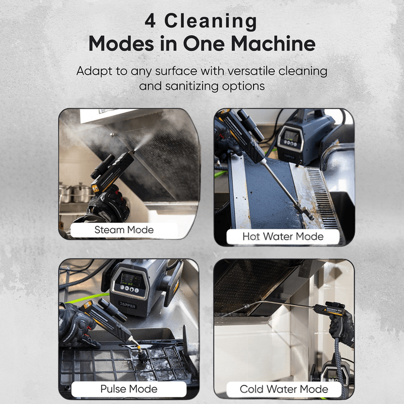 Dapper Supply 5-in-1 steam cleaner infographic showing multiple cleaning modes in one machine.