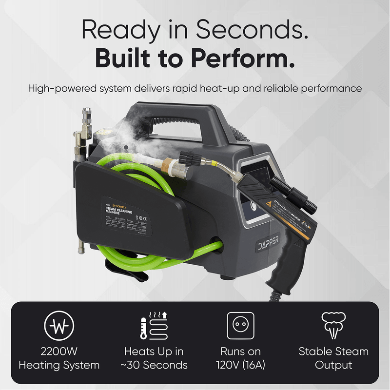 Dapper Supply 5-in-1 steam cleaner infographic showing 2200W heating and 30-second heat-up.