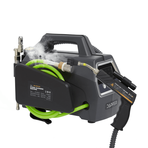 Dapper Supply 5-in-1 portable steam cleaner front view producing steam.