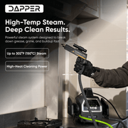 Dapper Supply 5-in-1 steam cleaner infographic showing up to 302F high-temperature steam.