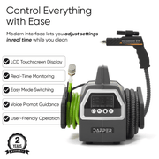 Dapper Supply 5-in-1 steam cleaner infographic showing the LCD touchscreen and voice prompts.