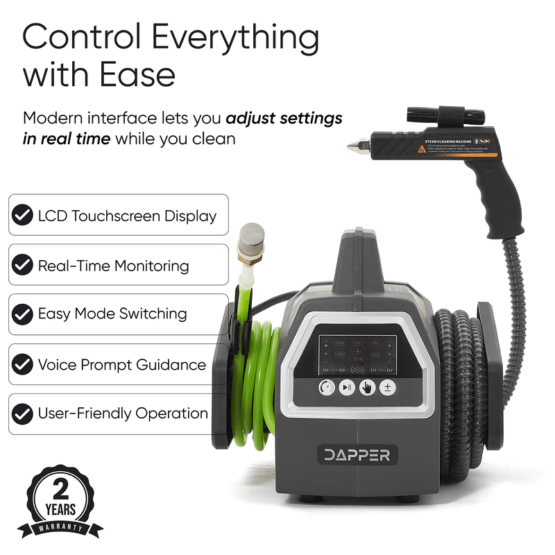 Dapper Supply 5-in-1 steam cleaner infographic showing the LCD touchscreen and voice prompts.