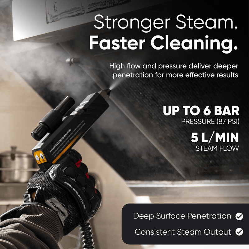 Dapper Supply 5-in-1 steam cleaner infographic showing up to 6 bar pressure and 5 L/min steam flow.