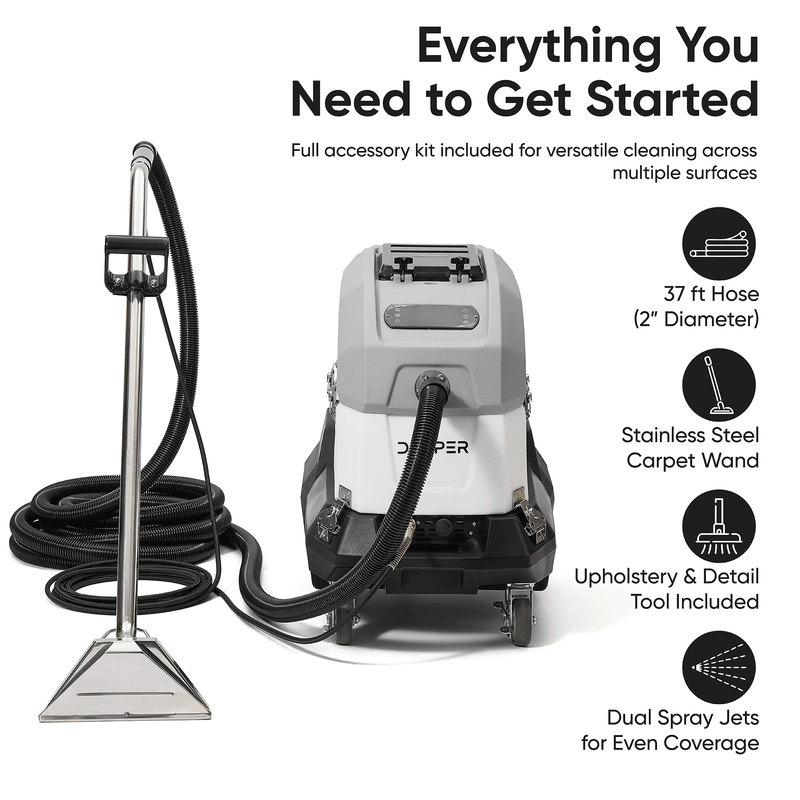 Dapper Supply 500 PSI heated carpet extractor included 37 ft hose, wand, and upholstery tool.