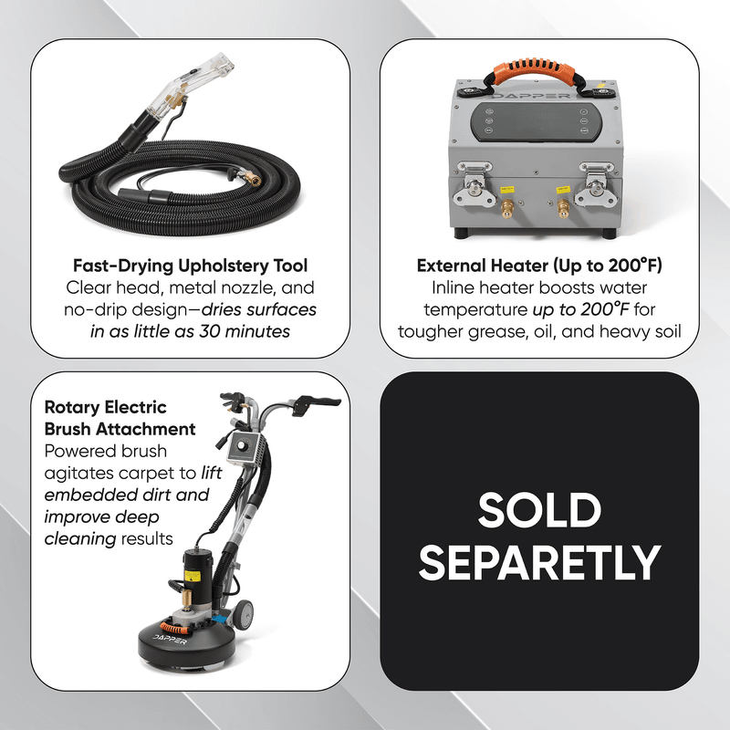 Dapper Supply 500 PSI heated carpet extractor optional upholstery tool, external heater, and rotary brush.