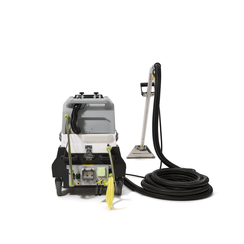 Dapper Supply 500 PSI heated carpet extractor rear angle with hose and accessories.
