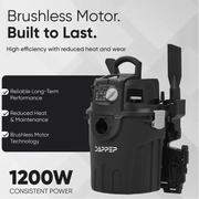 Dapper Supply 6-gallon wall mount vacuum brushless motor and 1200W power callout.