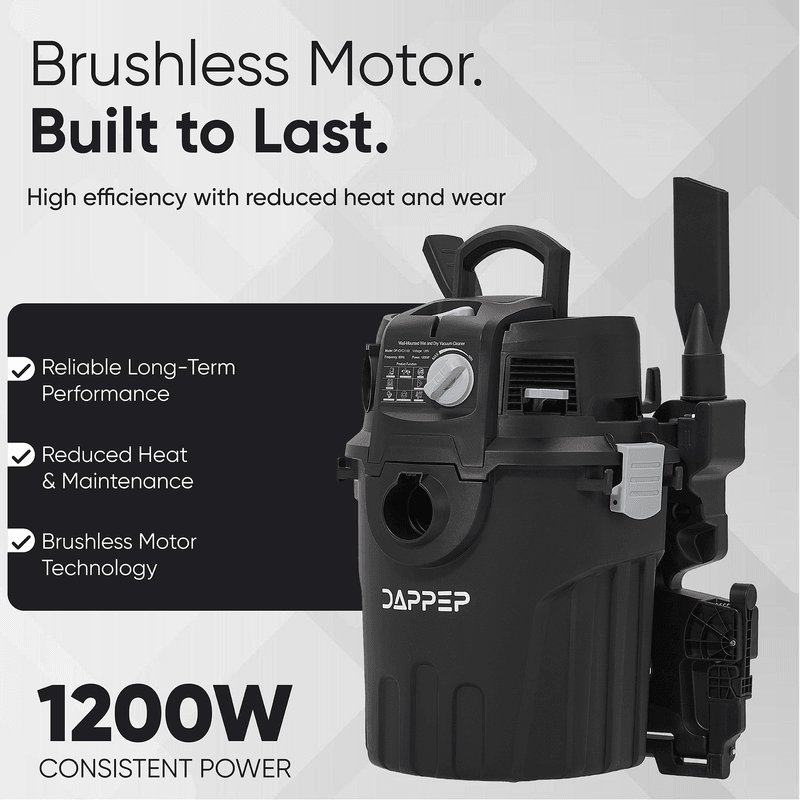Dapper Supply 6-gallon wall mount vacuum brushless motor and 1200W power callout.