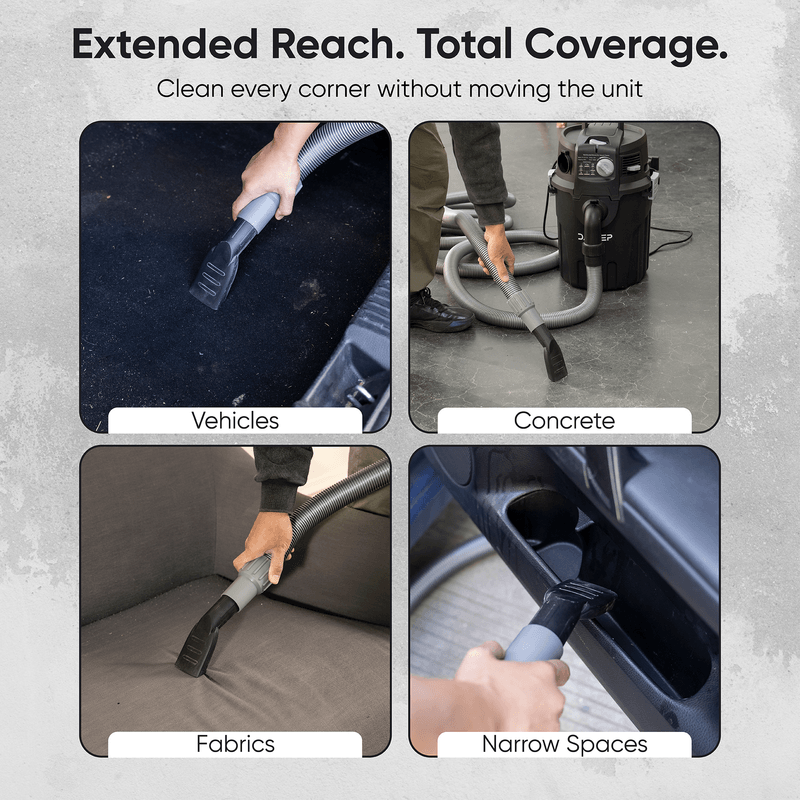 Dapper Supply 6-gallon wall mount vacuum cleaning vehicles, concrete, and fabrics.